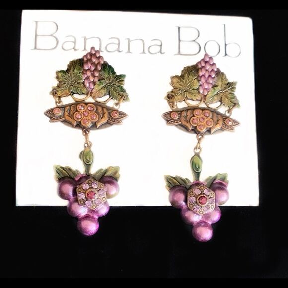 Vtg Banana Bob Fruit of the vine theme enamel grape dangle earrings pierced - Picture 5 of 14